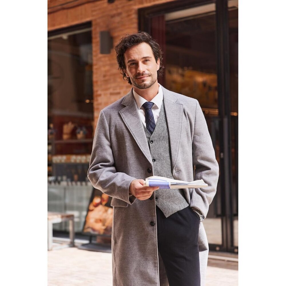 Men's Wool Blend Coat Detachable Plaid Scarf Notched Collar Pea Coat Light Grey - Picture 4 of 6